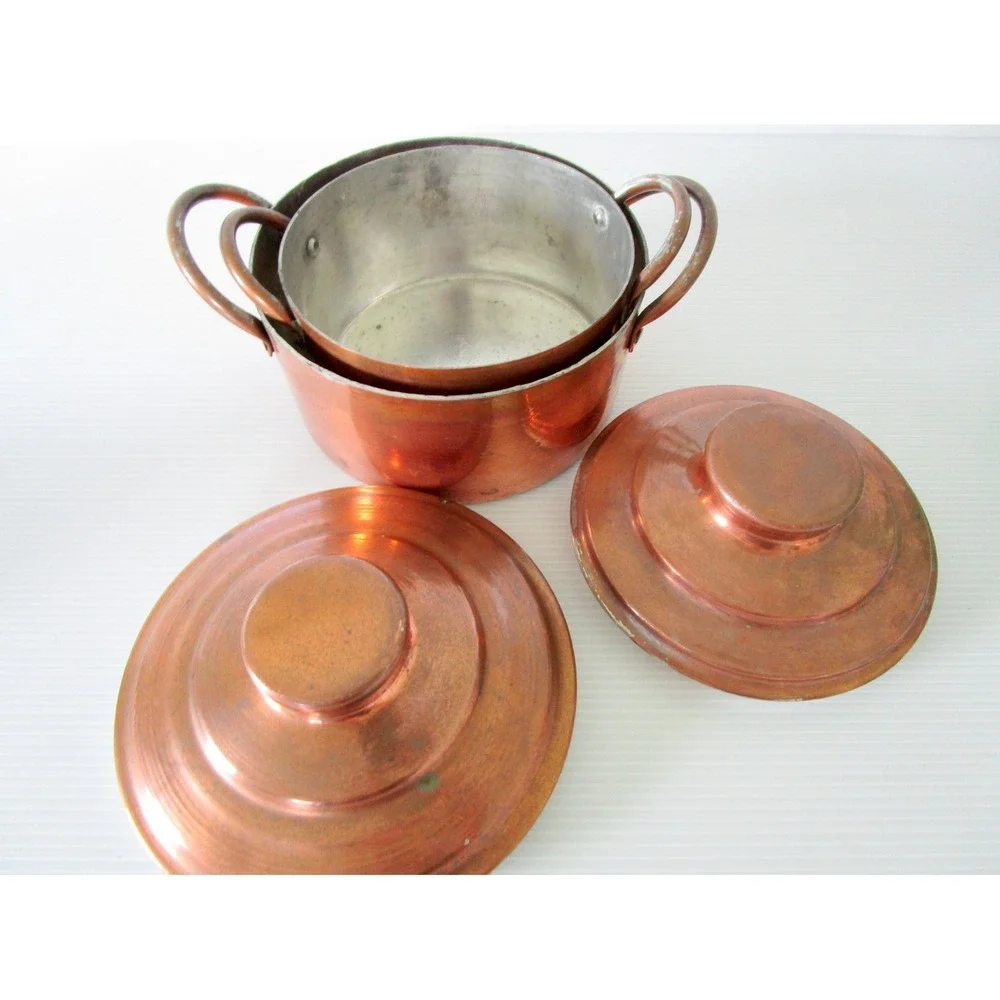 Set of 2 Vintage Copper Little Pots with Unique Lids Double Handles Tin Lined
